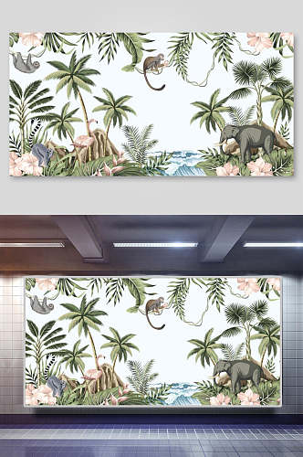 大气大象猴子手绘棕榈树矢量插画
