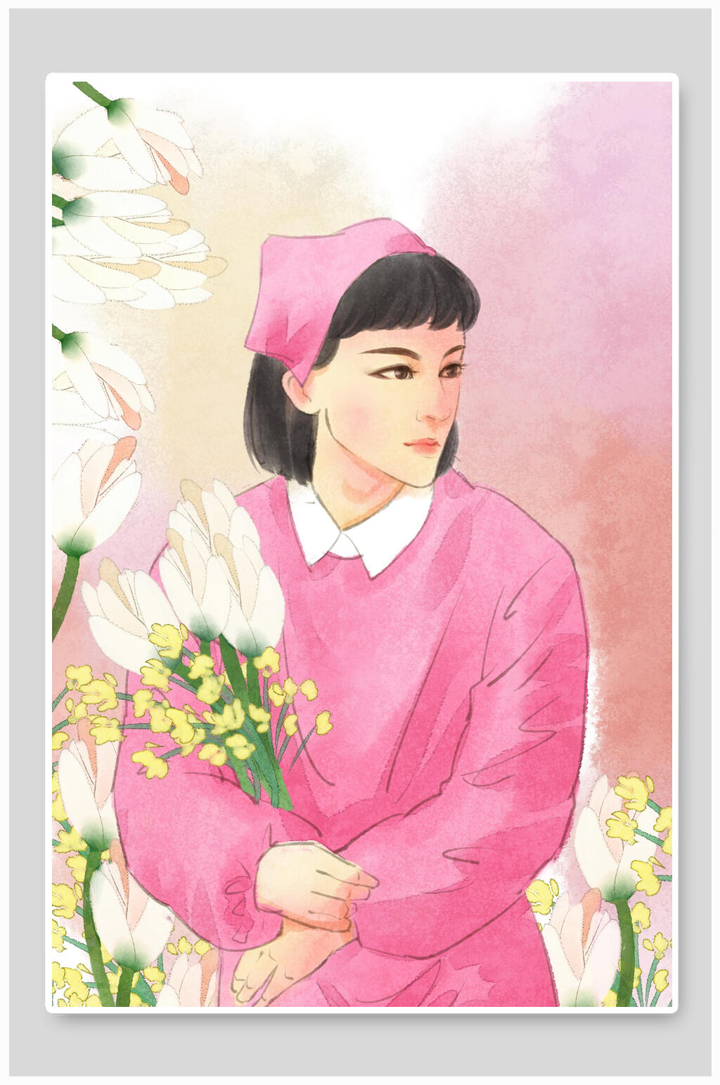 粉色手绘护士节插画素材