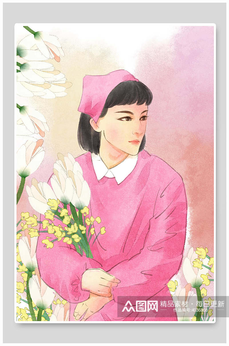 粉色手绘护士节插画素材