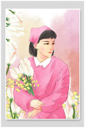 粉色手绘护士节插画