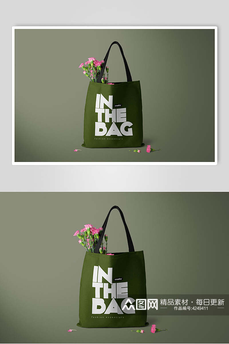 英文字母花朵叶子绿购物袋样机素材