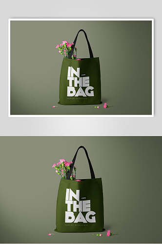 英文字母花朵叶子绿购物袋样机