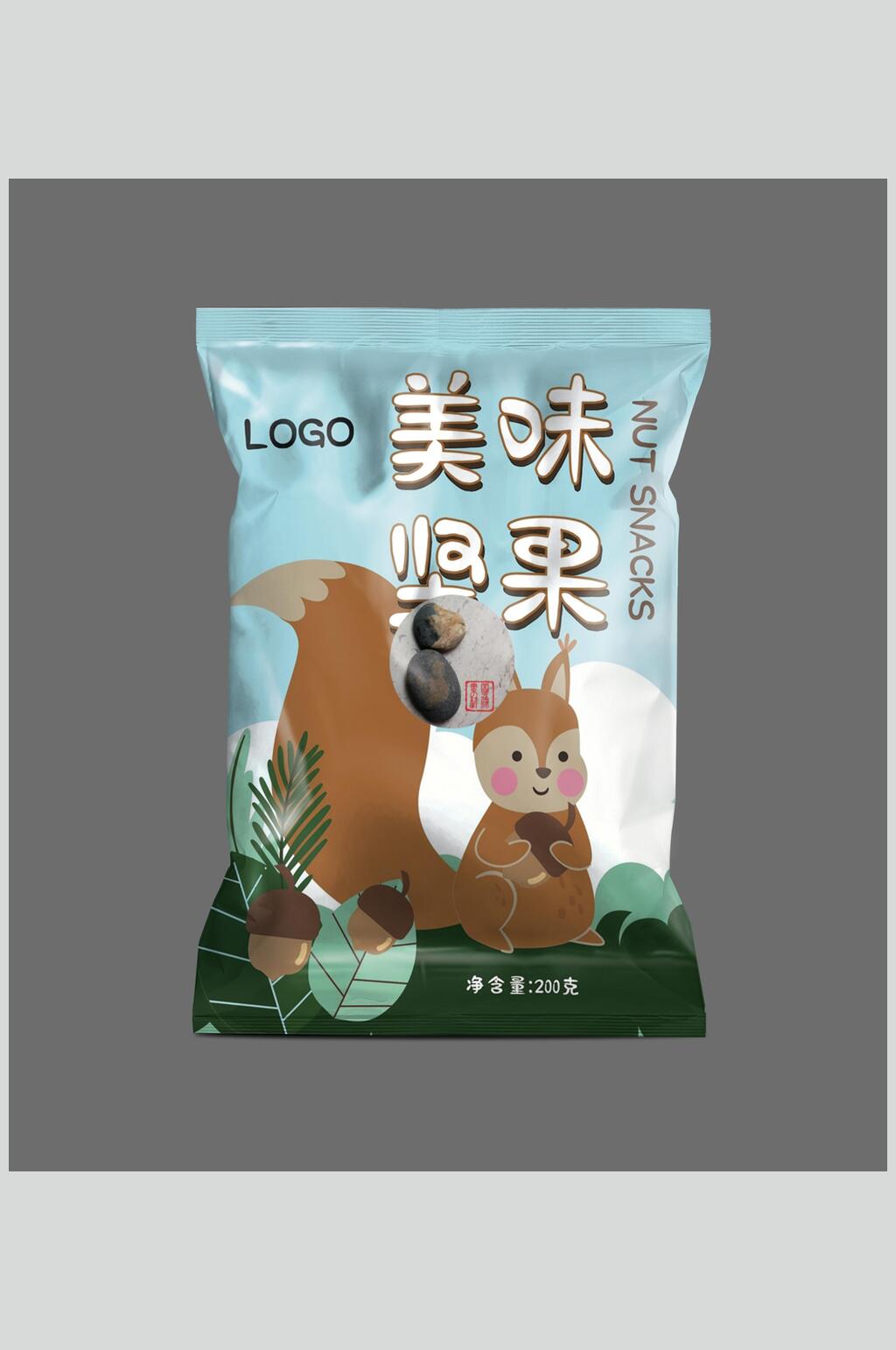 大气创意qx松鼠美味坚果包装袋样机素材
