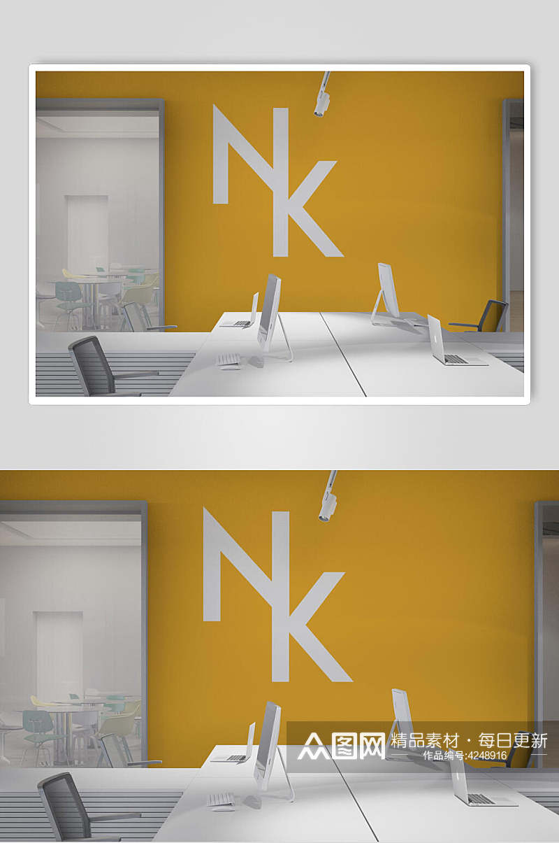 英文字母电脑座椅黄色墙绘样机素材