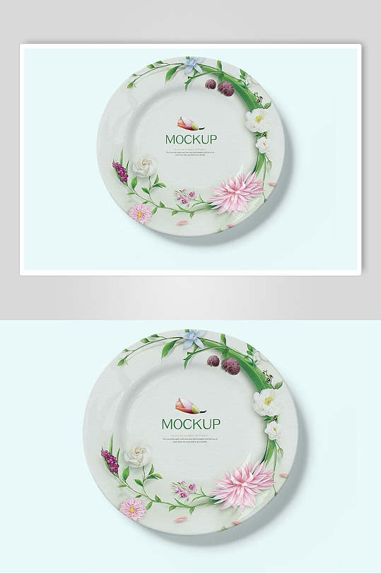 圆圈花朵叶子粉色陶瓷餐具样机