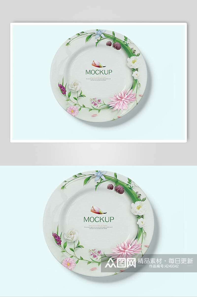 圆圈花朵叶子粉色陶瓷餐具样机素材
