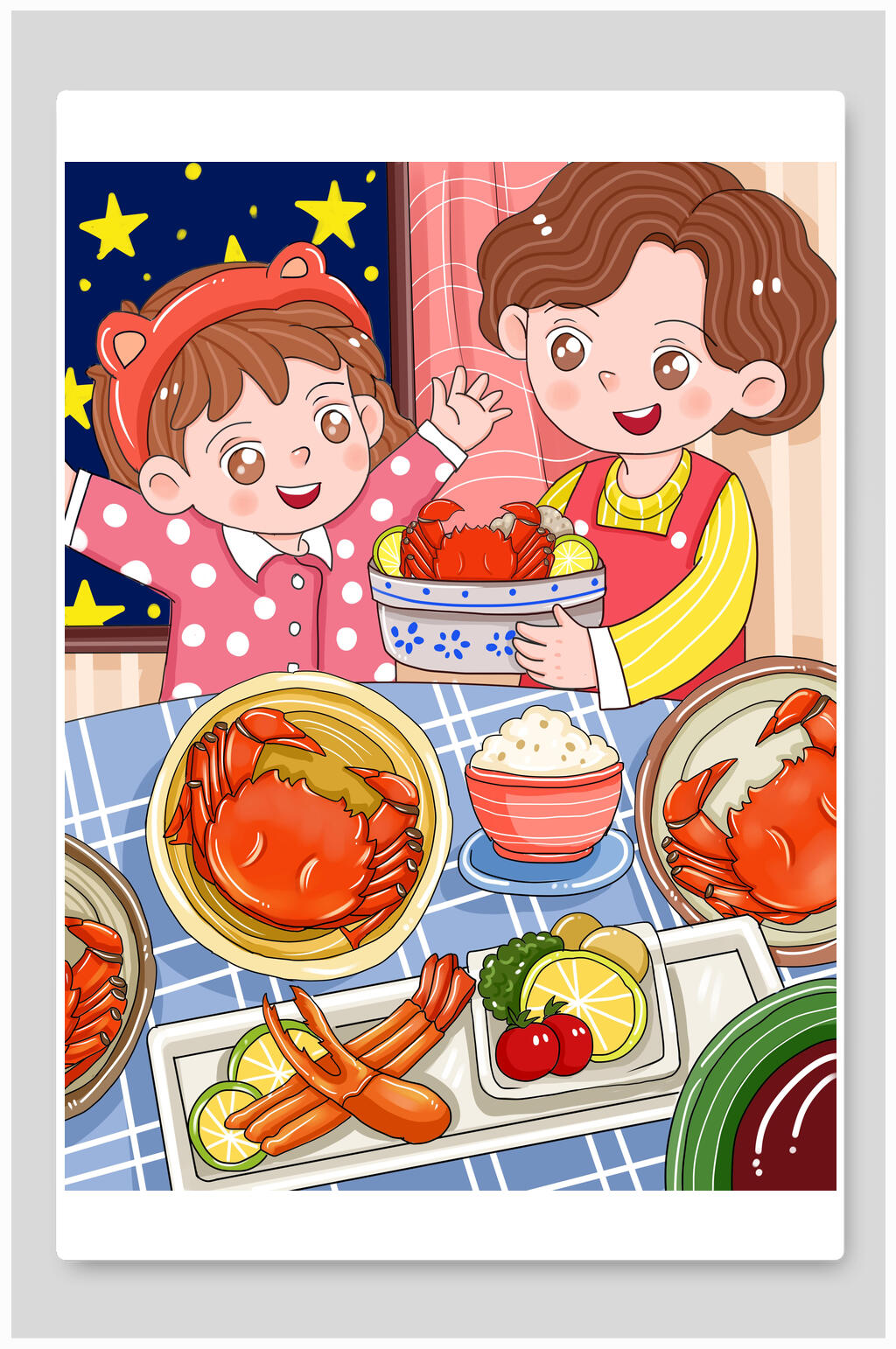 红色温馨大闸蟹美食插画素材