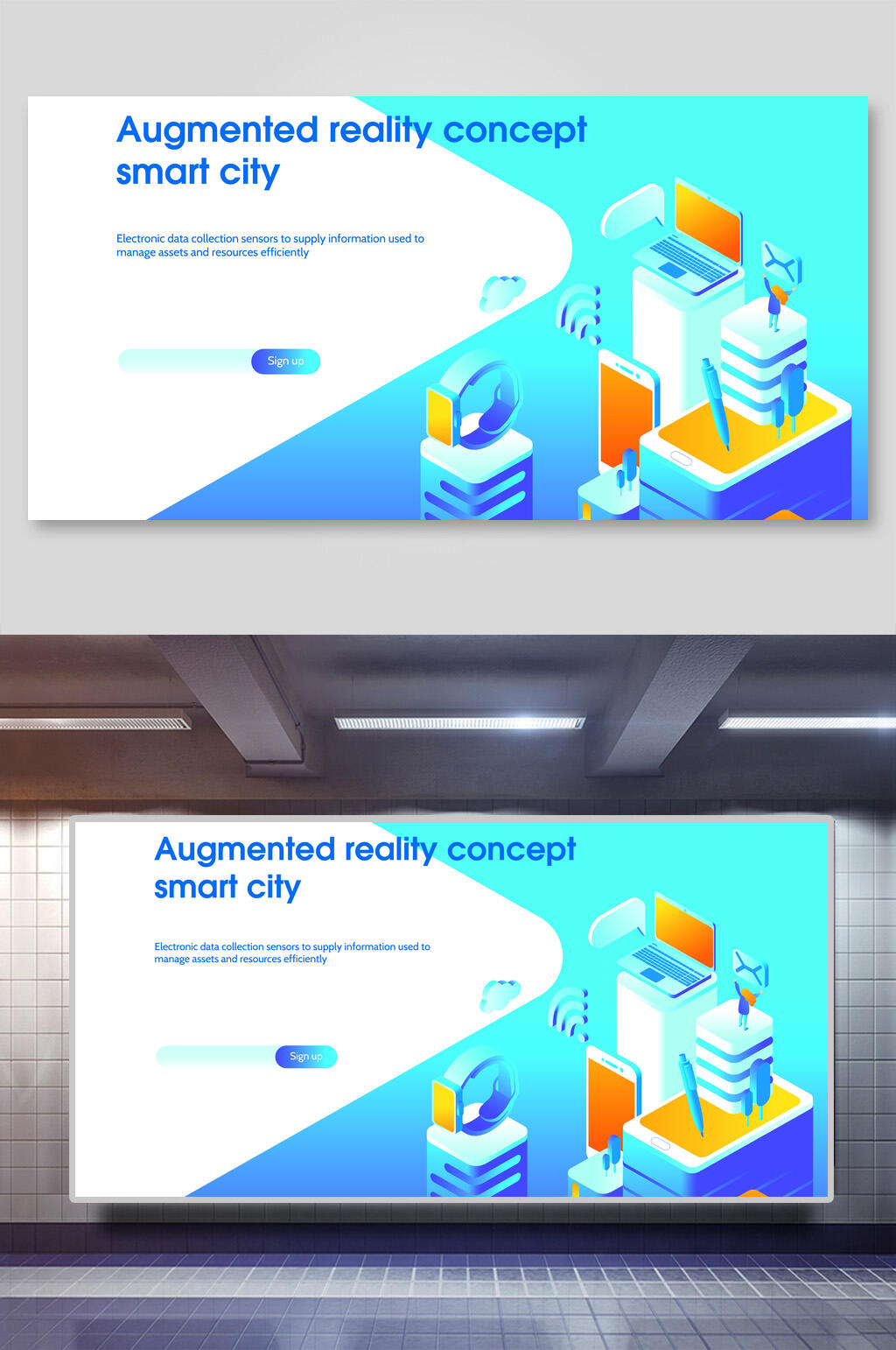 蓝色渐变区块链办公矢量插画素材