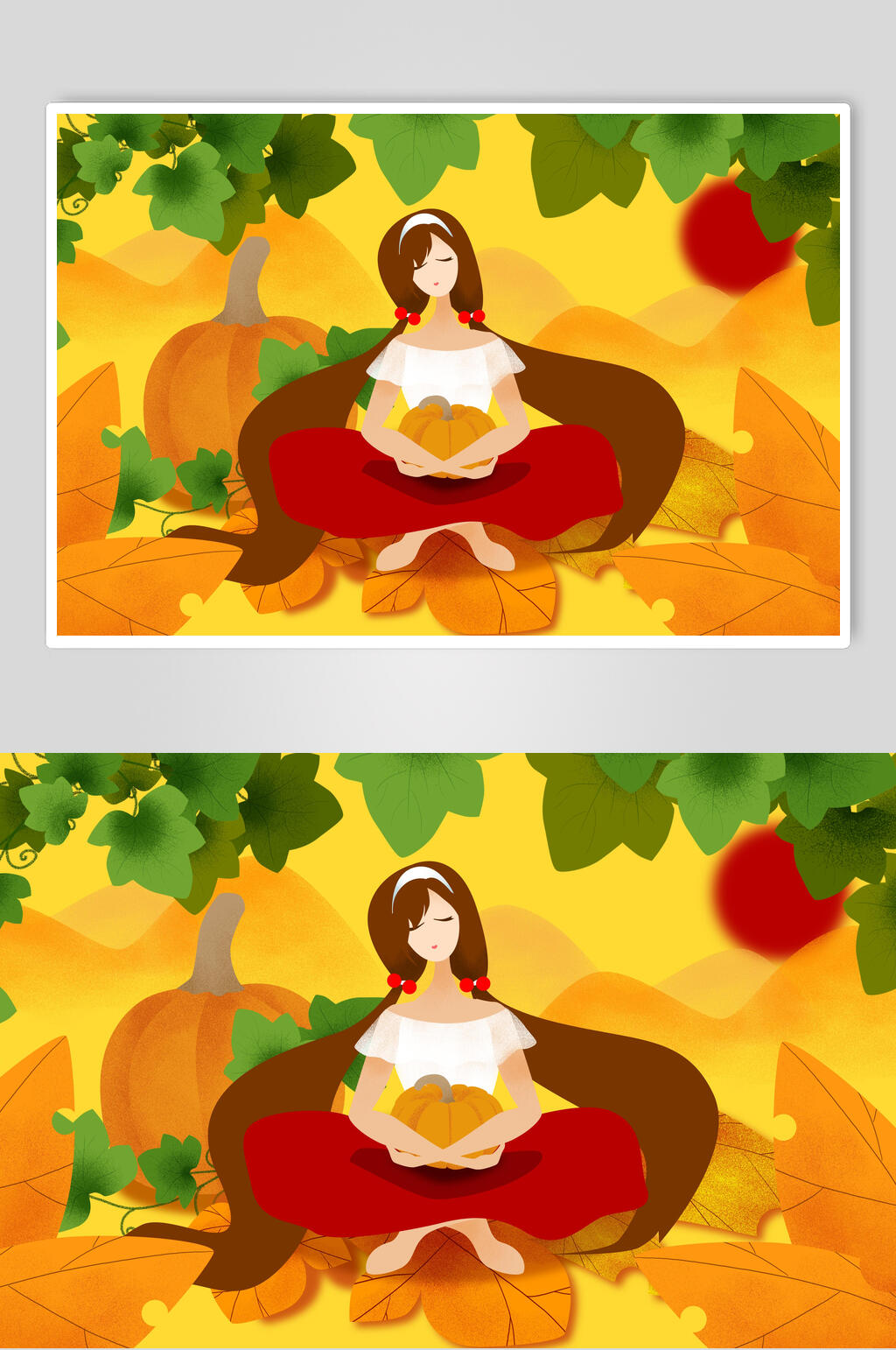 优雅高端抱着南瓜女孩叶子丰收节插画素材
