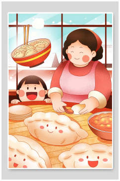 卡通可爱包饺子冬至节气插画