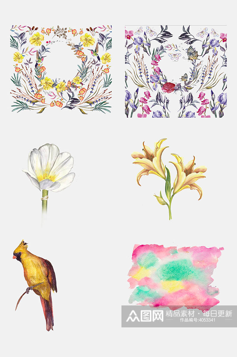 创意水彩动物植物蝴蝶花卉免抠素材素材