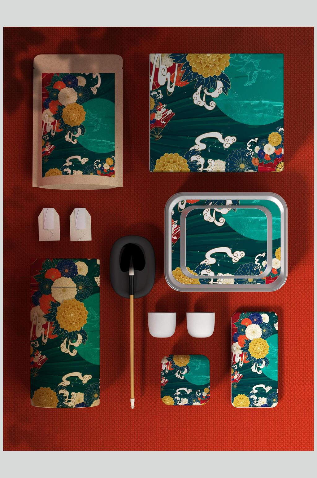 简约手机红绿色中式文创产品VI样机素材