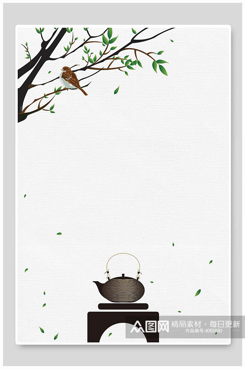 简洁手绘茶壶绿植矢量素雅古风背景素材