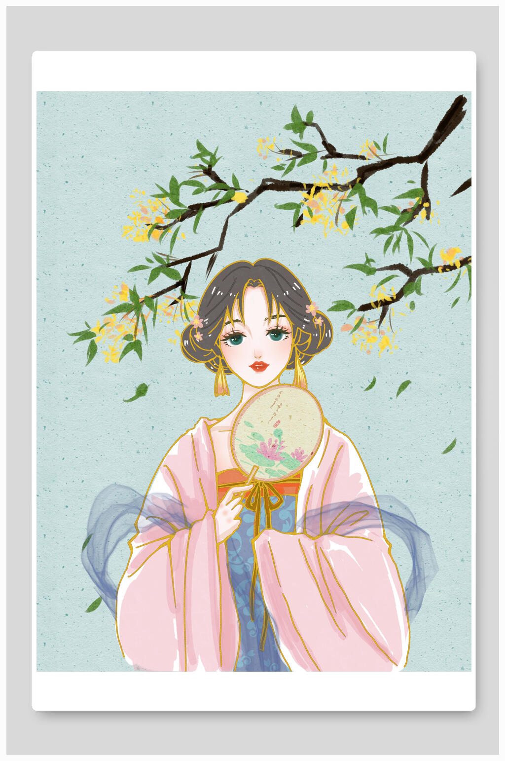 优雅高端美女树枝花朵圆山国潮插画素材