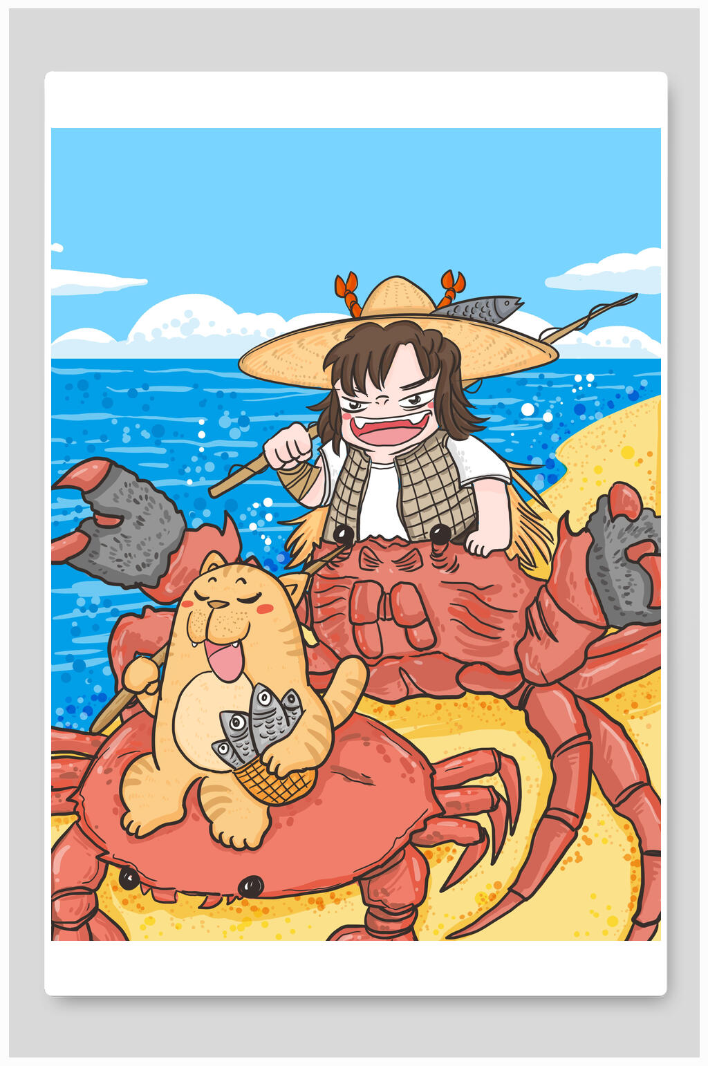 蓝色手绘大闸蟹美食插画素材