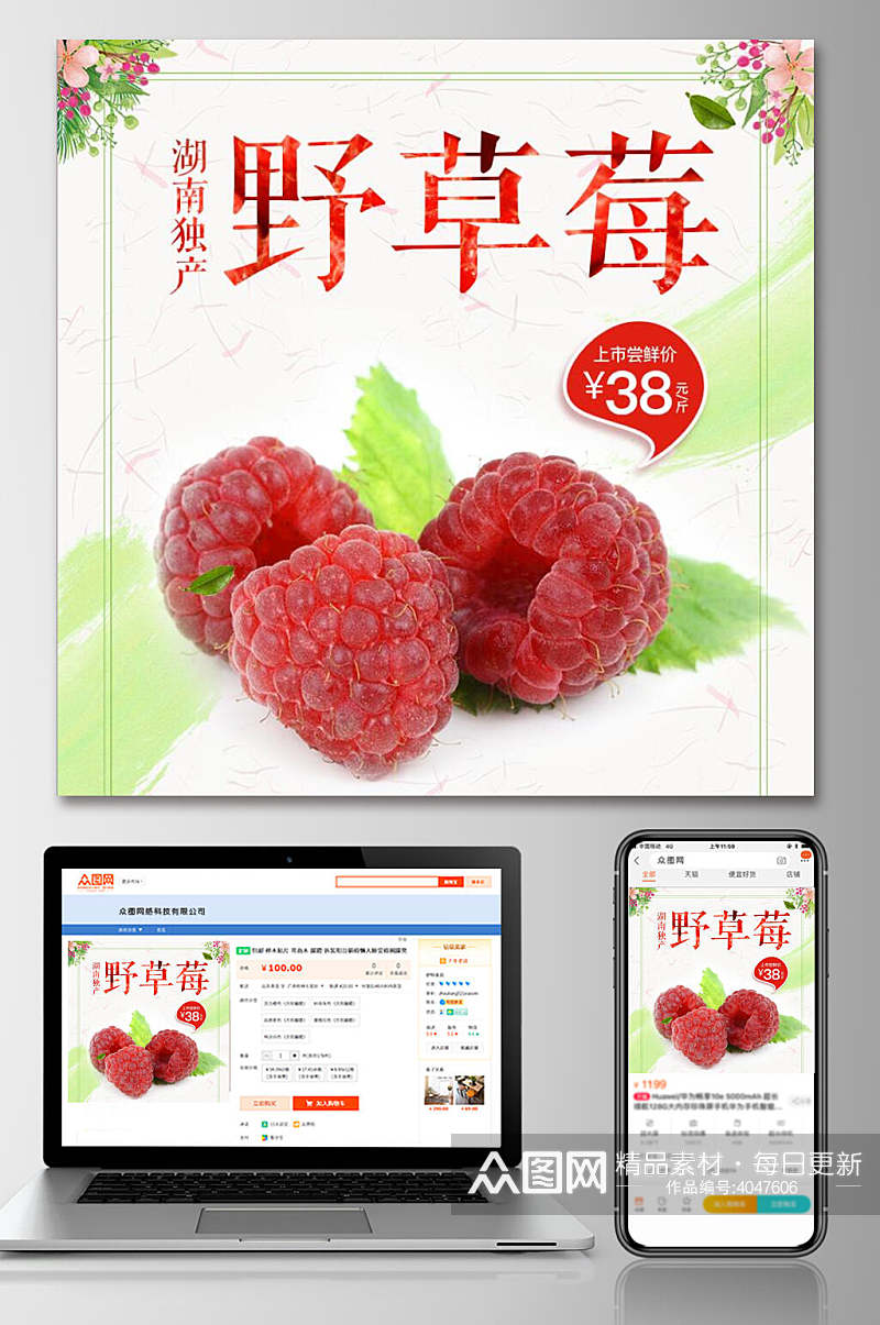 湖南独产野草莓水果电商主图素材