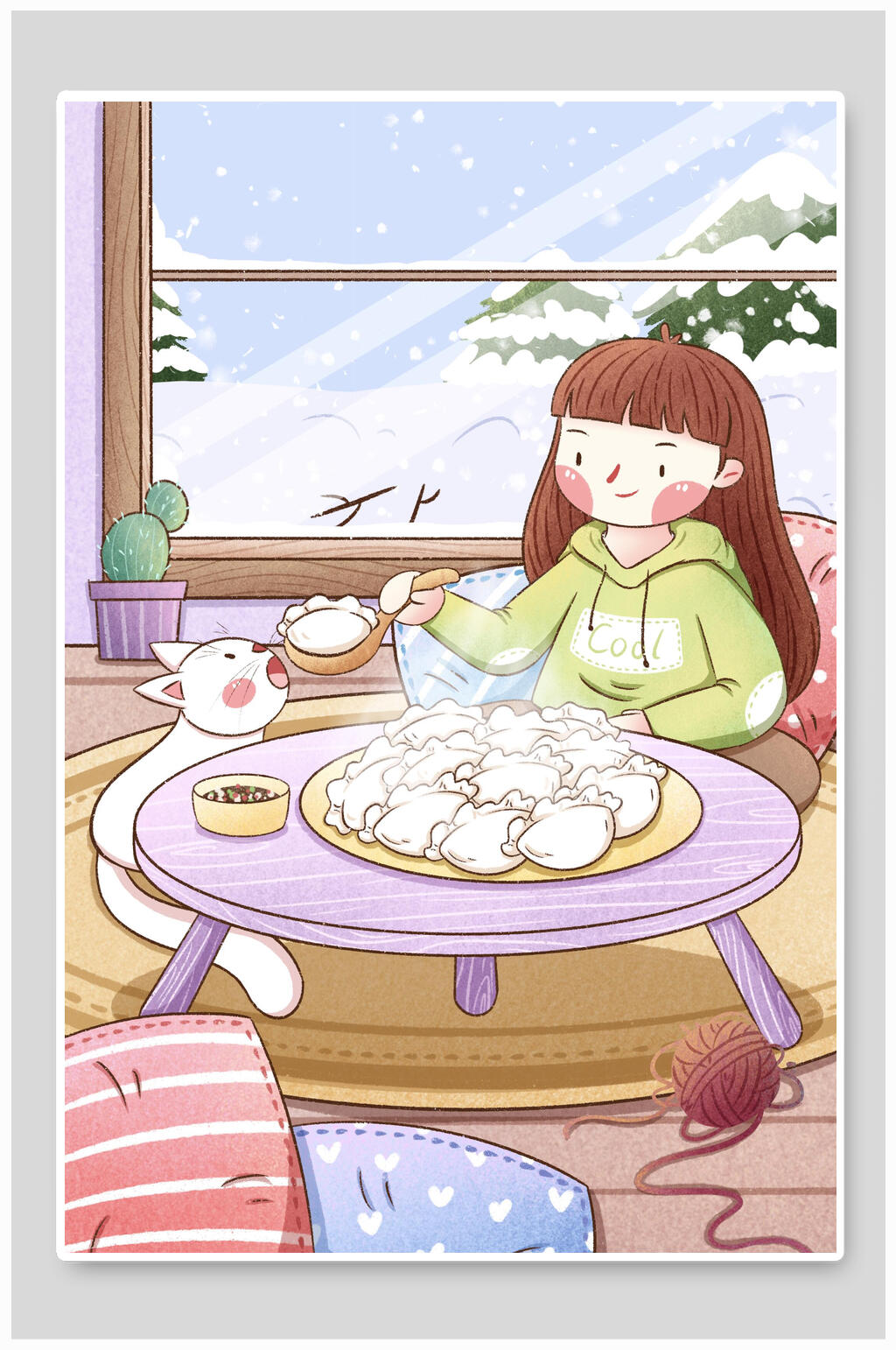 唯美大气毛线球吃饺子冬至节气插画素材