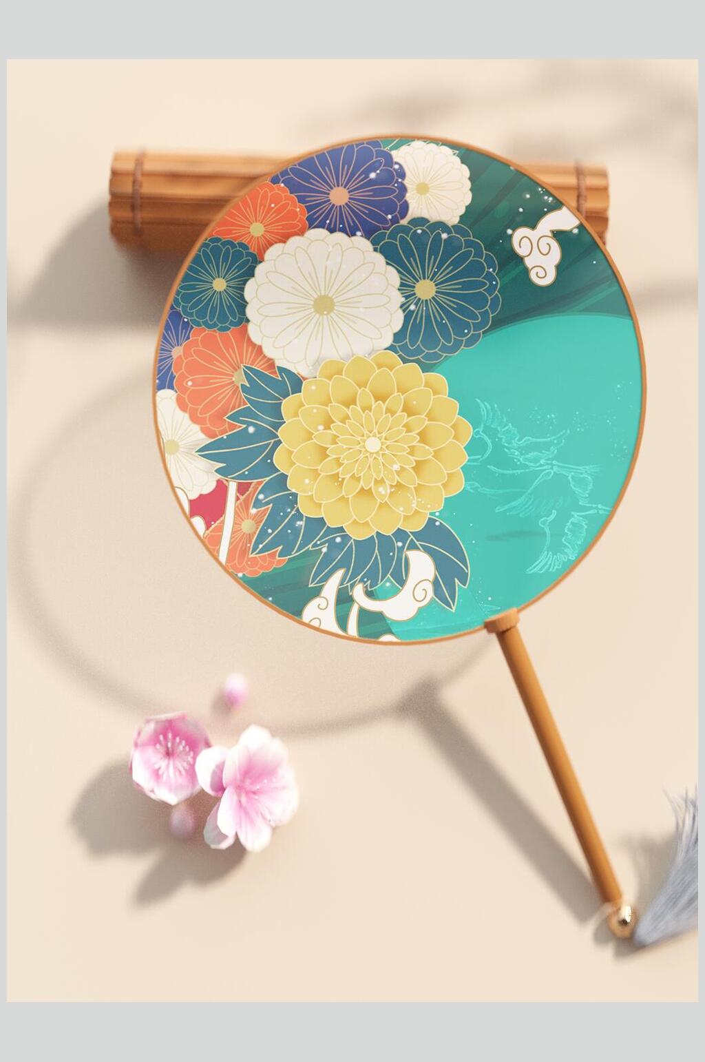 扇子花朵黄绿中式文创产品VI样机素材