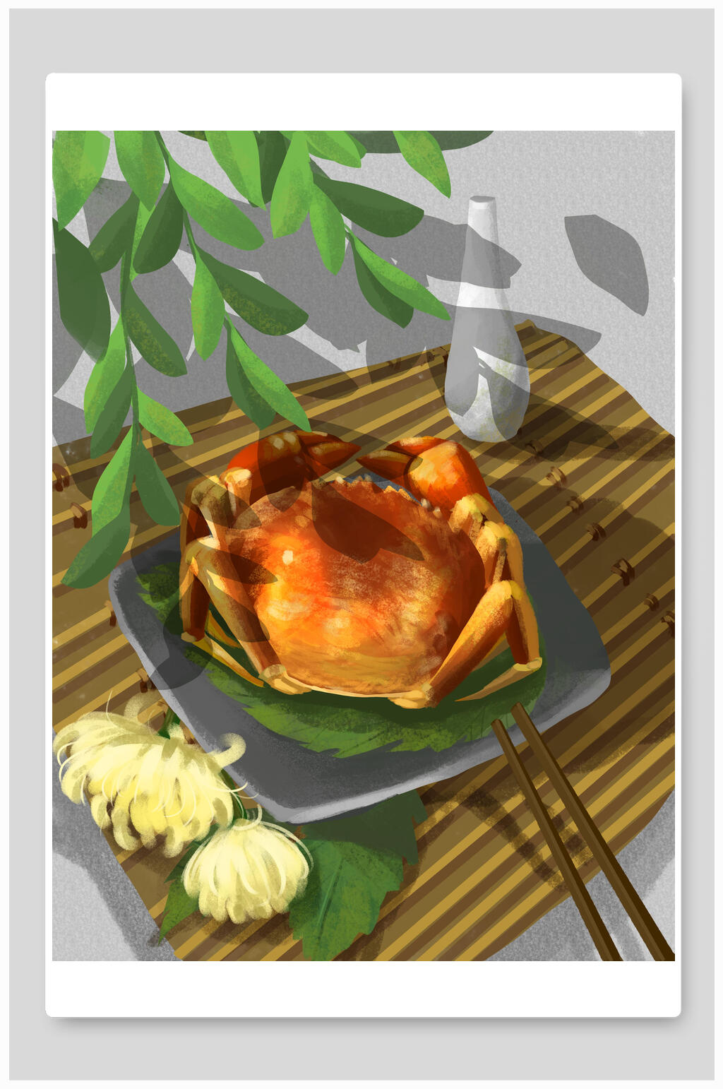叶子菊花大闸蟹美食插画素材