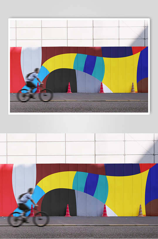 单车人黄户外墙体广告涂鸦样机