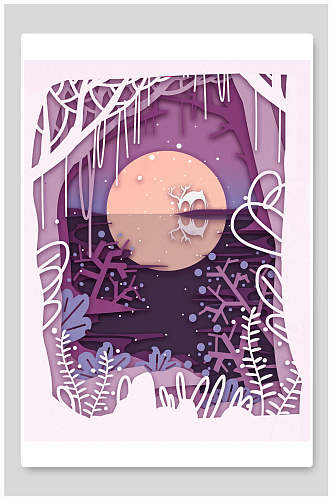 紫色剪纸风森系唯美森林麋鹿插画