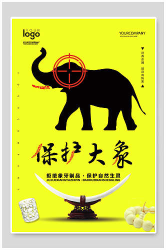 黄色保护大象保护动物海报