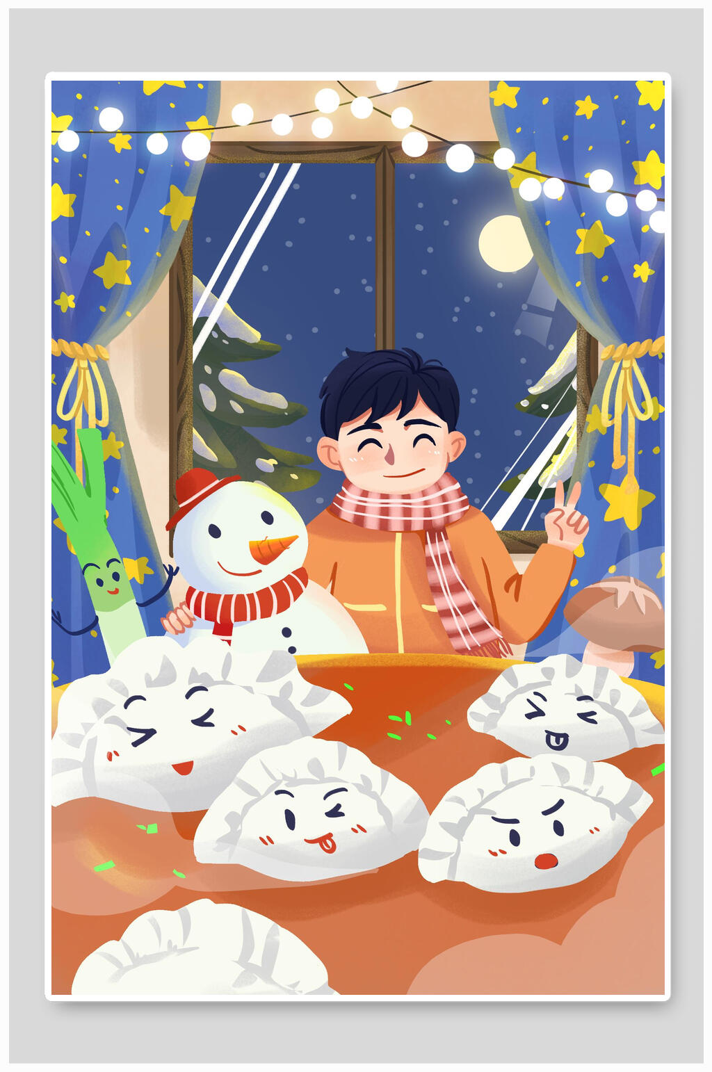 高端创意雪人饺子冬至节气插画素材
