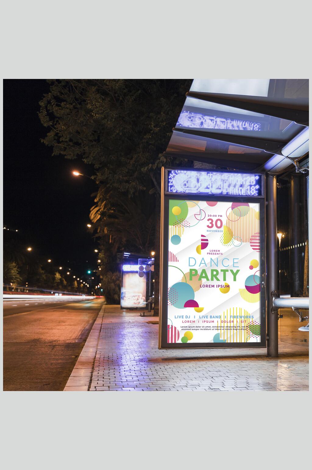 英文彩色公交站牌广告牌场景样机素材