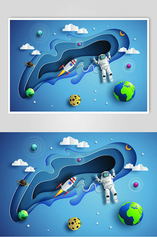 剪纸宇航员火箭太空矢量素材
