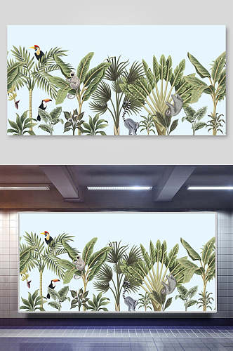 时尚鹦鹉手绘棕榈树矢量插画