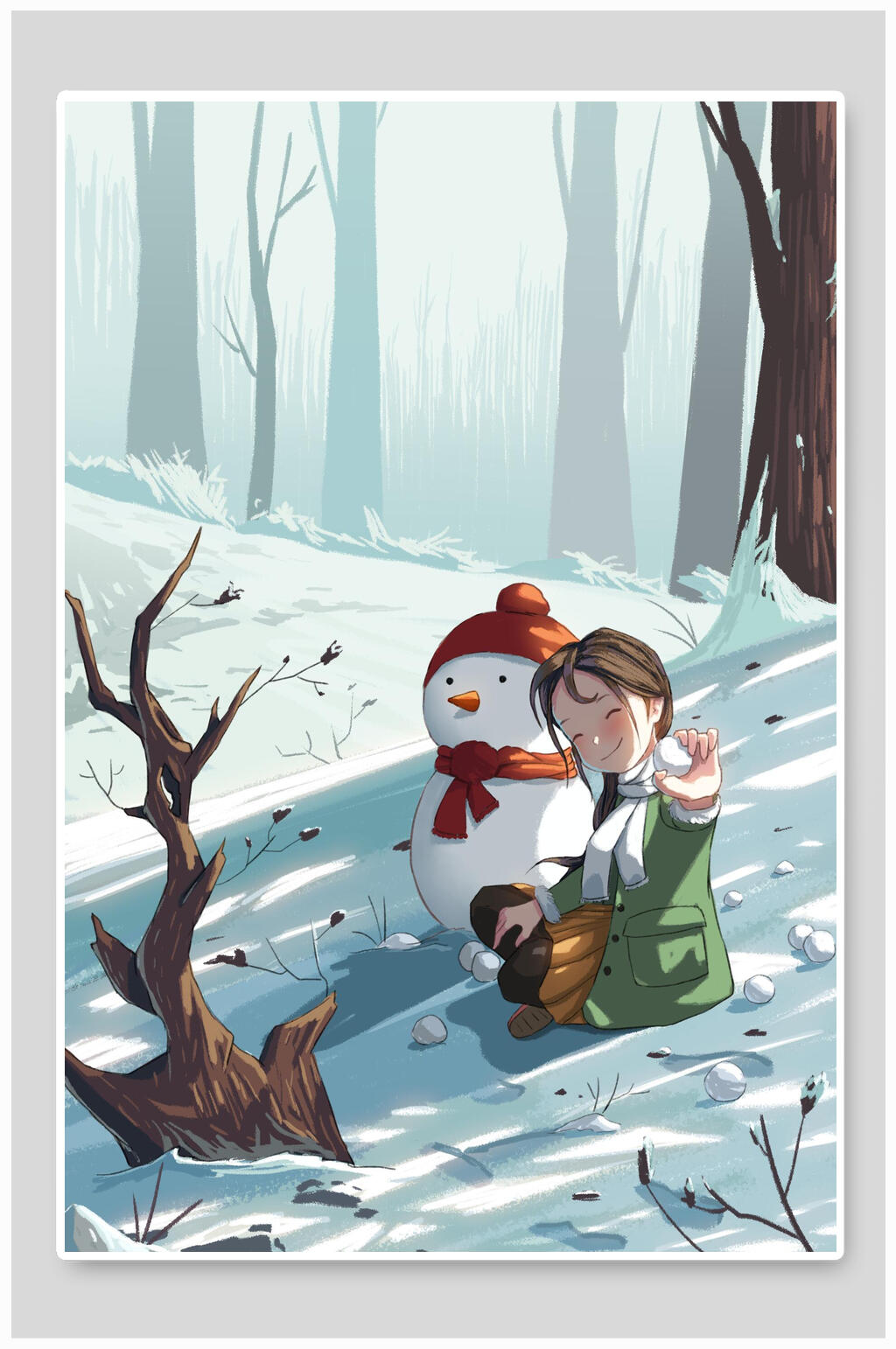 手绘可爱雪人冬至节气插画素材