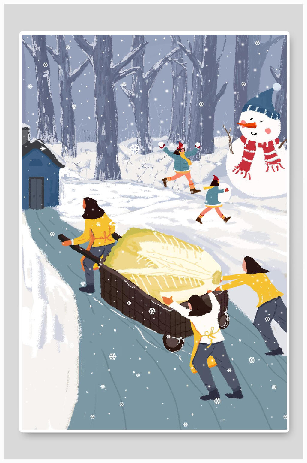唯美大气创意手推车大雪插画素材