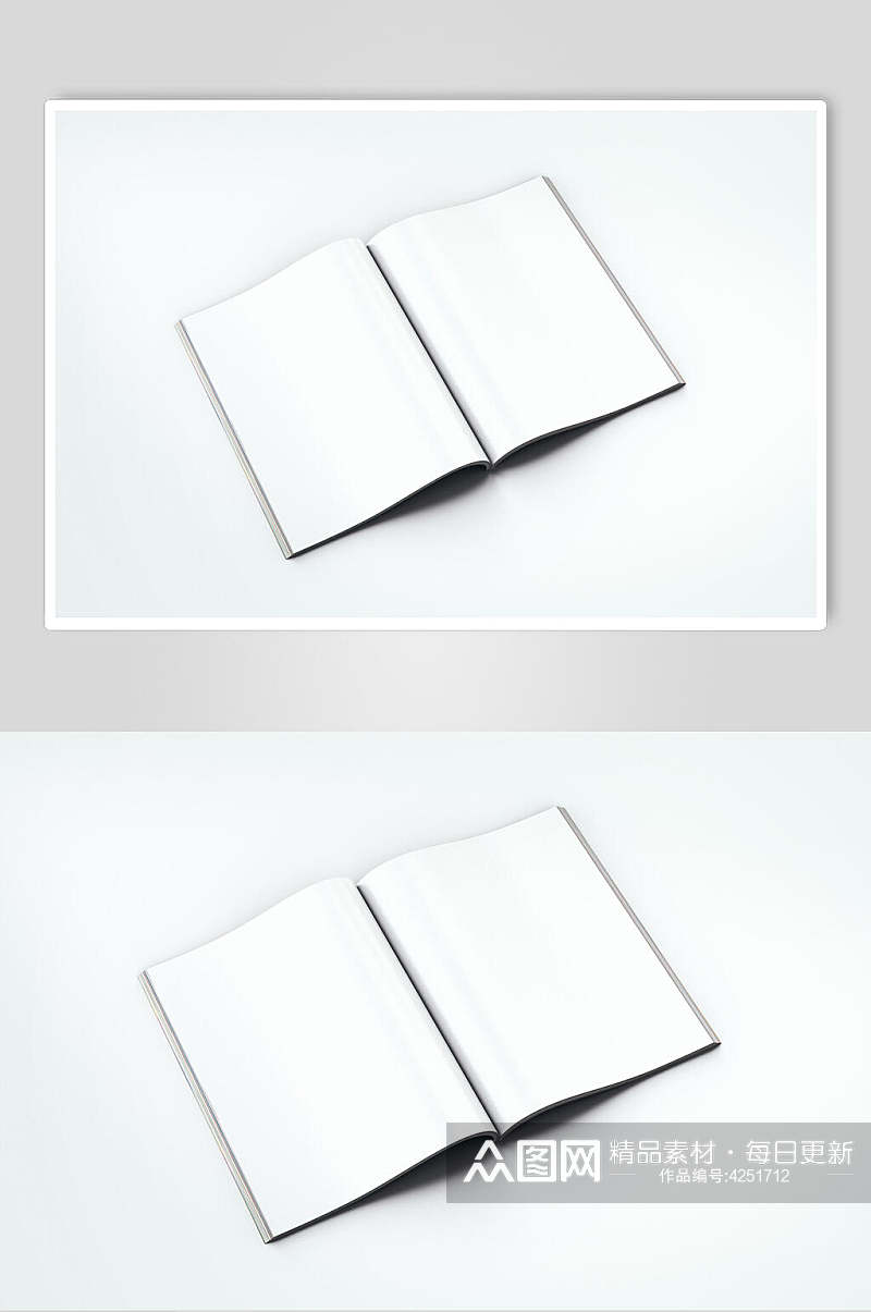 展开的白色书本智能贴图骑马钉画册书籍样机素材