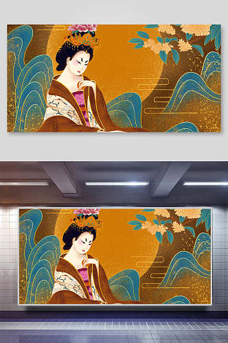 高端美女山间烫金手绘中国风国画插画