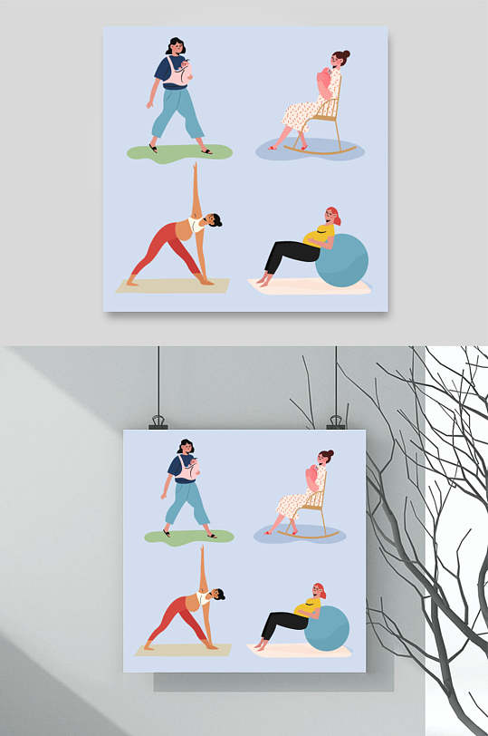 蓝色瑜伽清新高端创意孕妇矢量素材-众图网