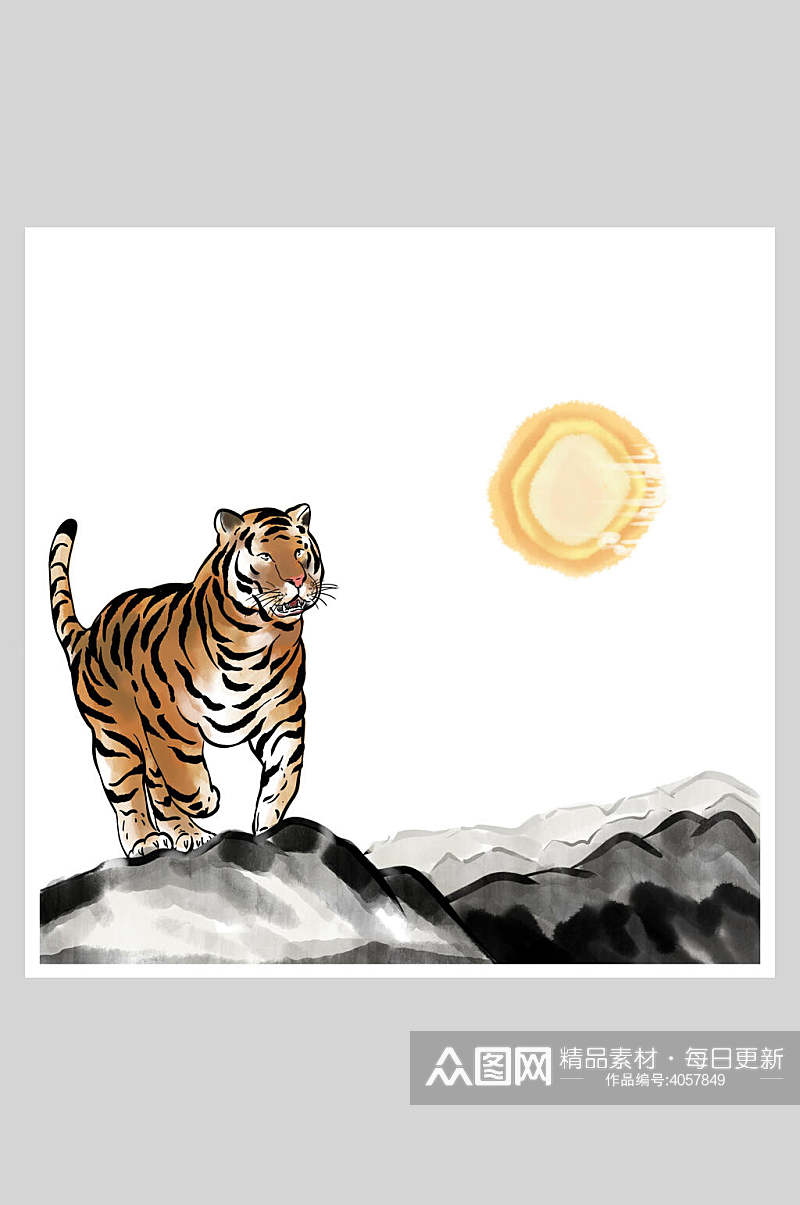 山峰创意大气月光手绘水墨老虎插画素材
