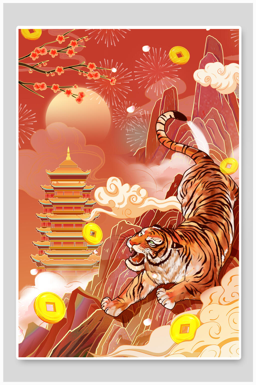 花朵祥云创意大气红色虎年国潮插画素材
