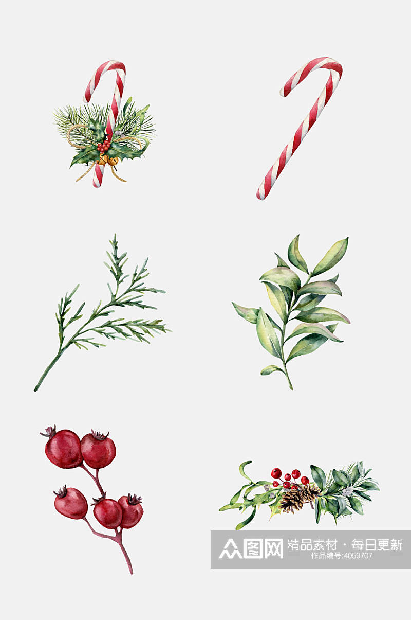 唯美果实圣诞水彩植物铃铛免抠素材素材