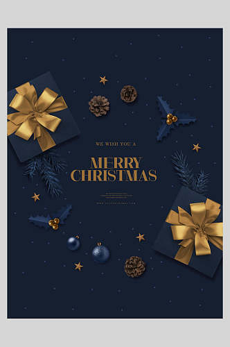 蓝黑色金色礼盒精致圣诞节海报