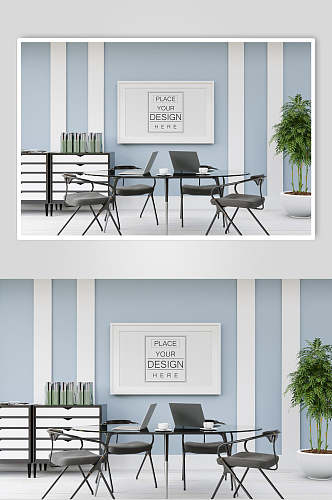 蓝白会议室内装饰画相框样机效果图