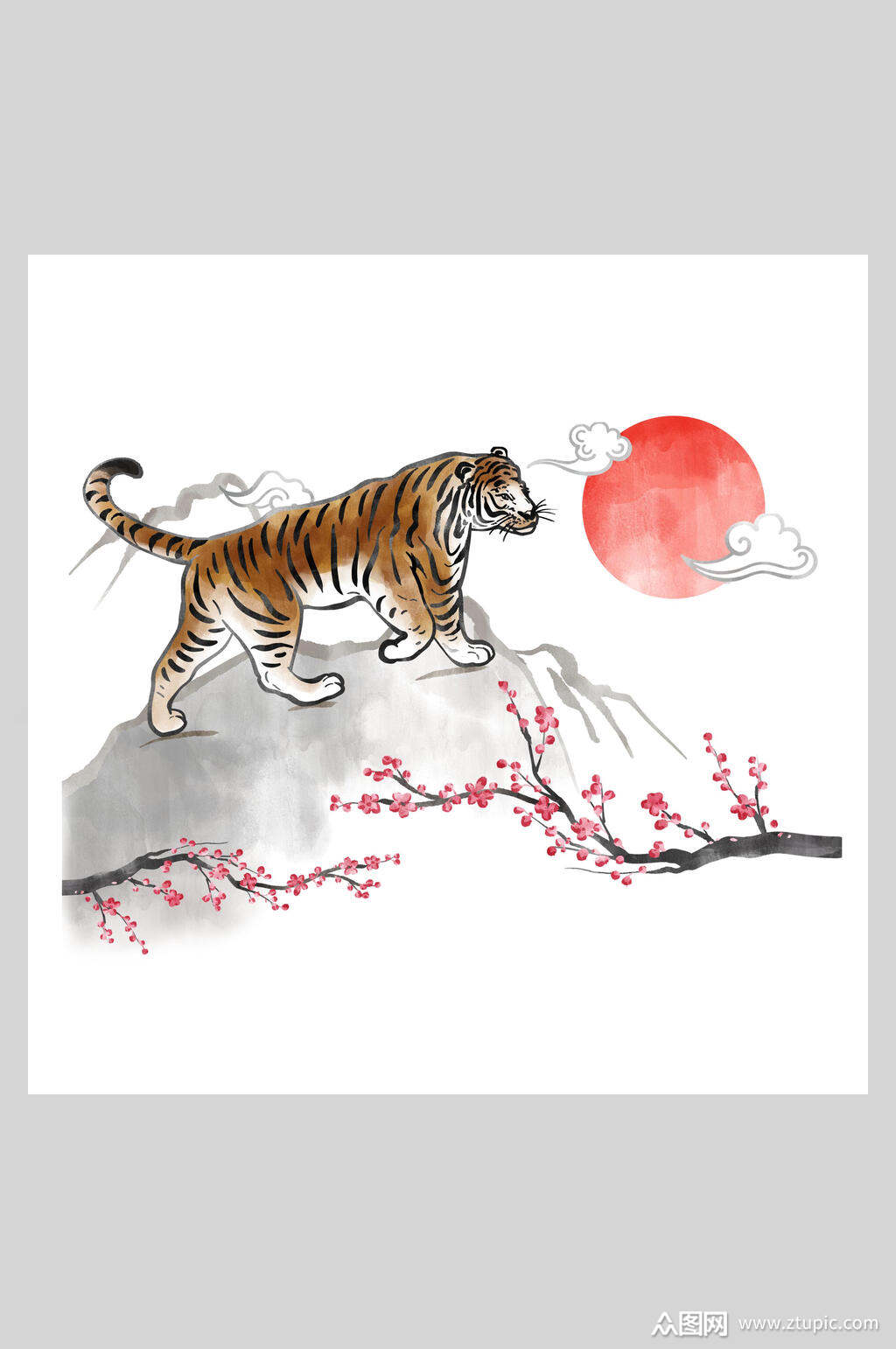 花朵祥云创意大气手绘水墨老虎插画素材