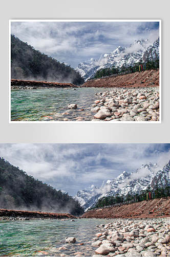 湖泊鹅卵石雪山高清图片