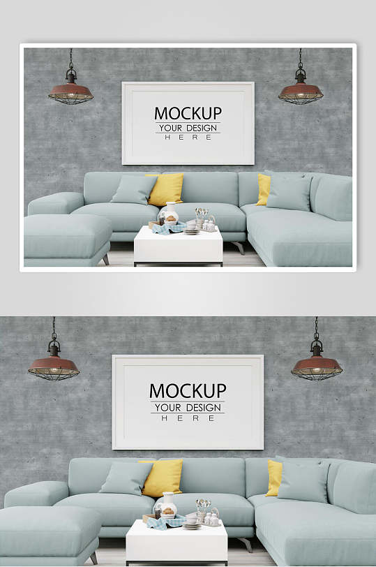蓝色沙发室内装饰画相框样机效果图