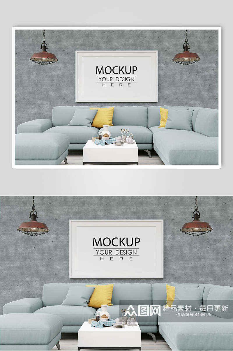 蓝色沙发室内装饰画相框样机效果图素材