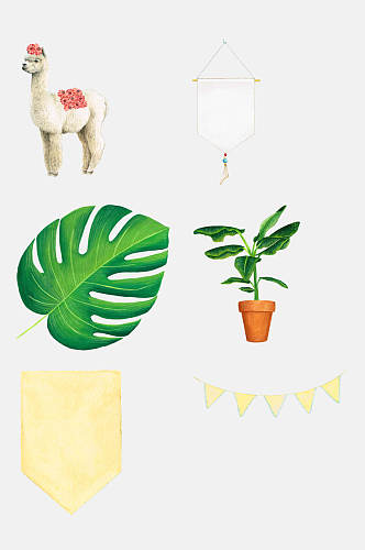 绿植羊驼手绘动植物森系装饰免抠素材