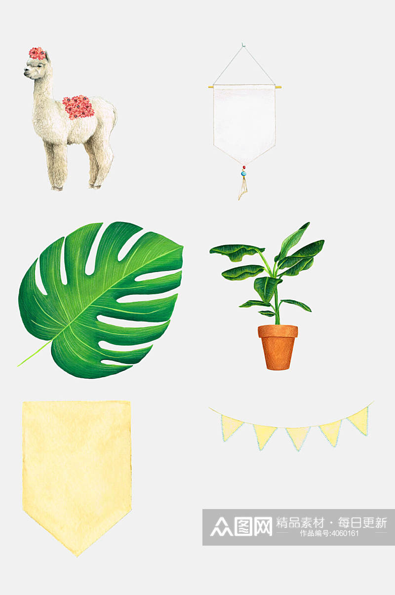 绿植羊驼手绘动植物森系装饰免抠素材素材