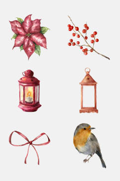 创意鸟圣诞水彩植物铃铛免抠素材