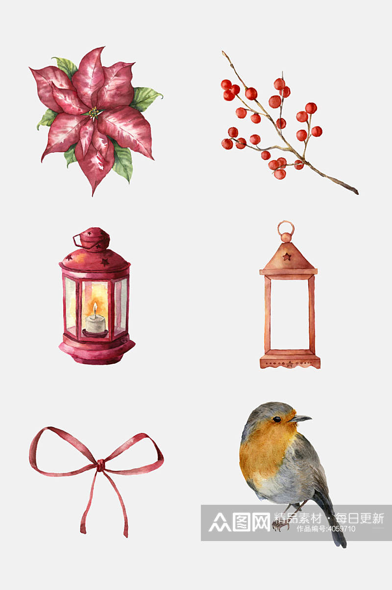 创意鸟圣诞水彩植物铃铛免抠素材素材