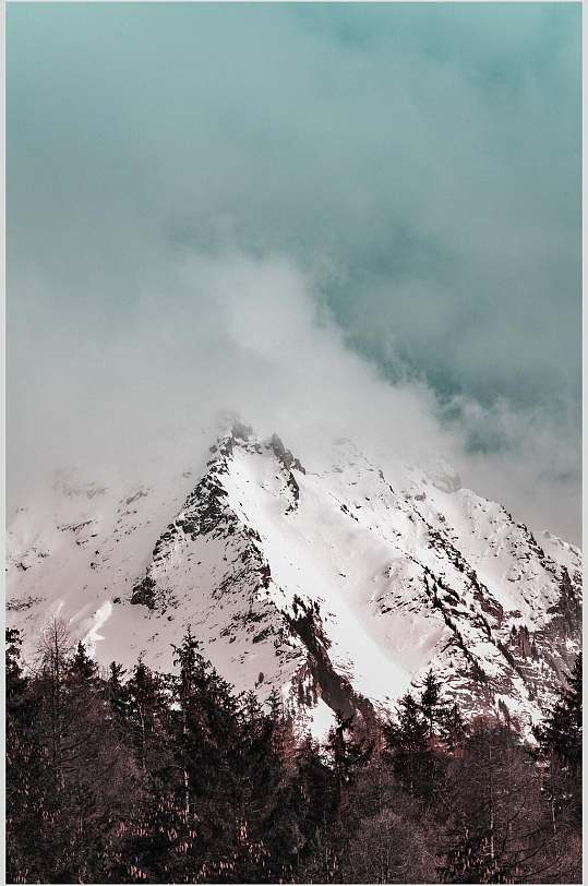 山峰云朵树木高端创意雪山高清图片