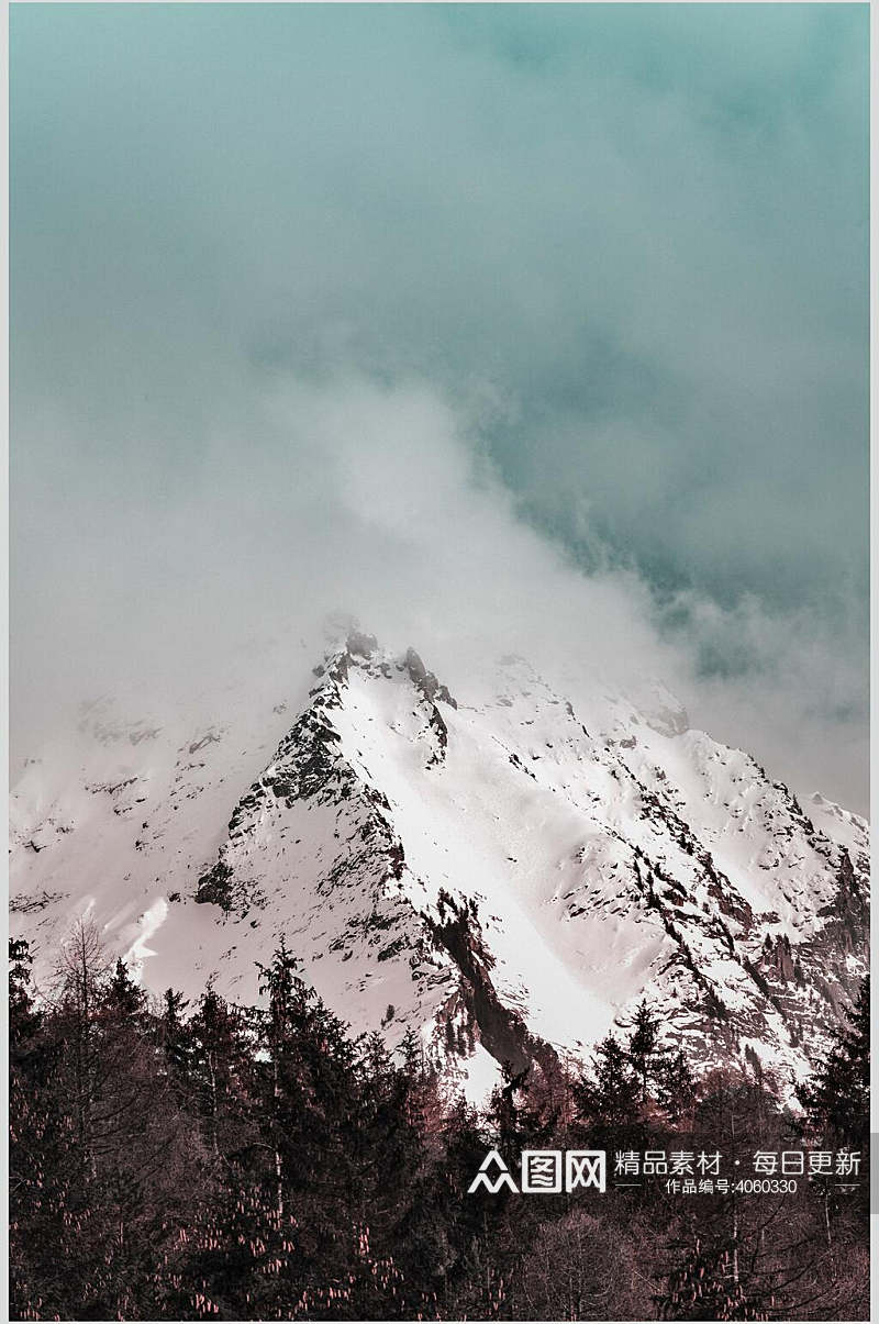山峰云朵树木高端创意雪山高清图片素材